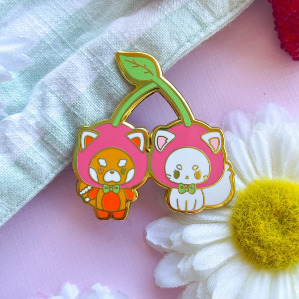 Cherry Red Panda and Kitty Enamel Pin